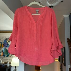 🎤🎉 Chico's Waffle Knit Bell Sleeve V Neckline Blouse Sz 1 (8/10)